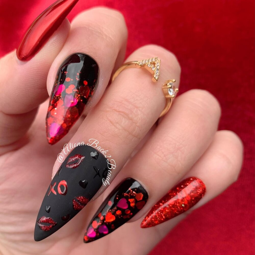 Red and Black Valentine's Day Nails, Glitter Valentines Press on Nails, Valentin